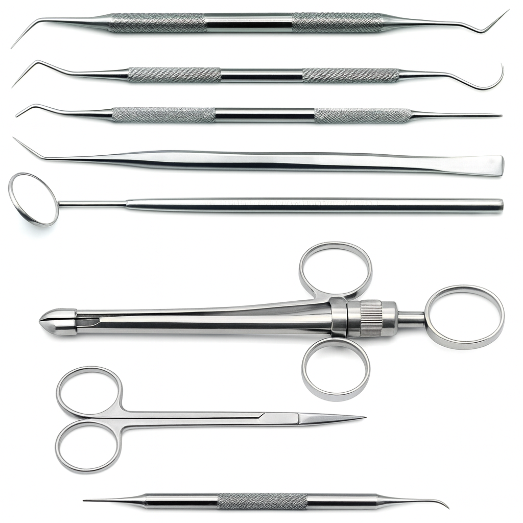 A digital photograph displays a set of stainless steel dental crown instruments, including explorers, tweezers, a dental mirror, syringe, and scissors, all arranged neatly on a white background.