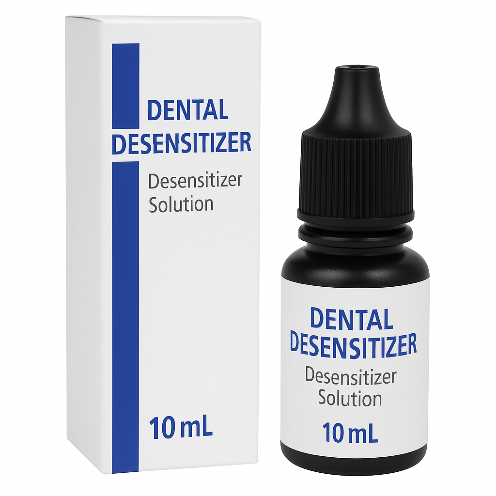 A digital photograph features a dental desensitizer product with a black dropper bottle and a matching labeled box, set against a clean white background.