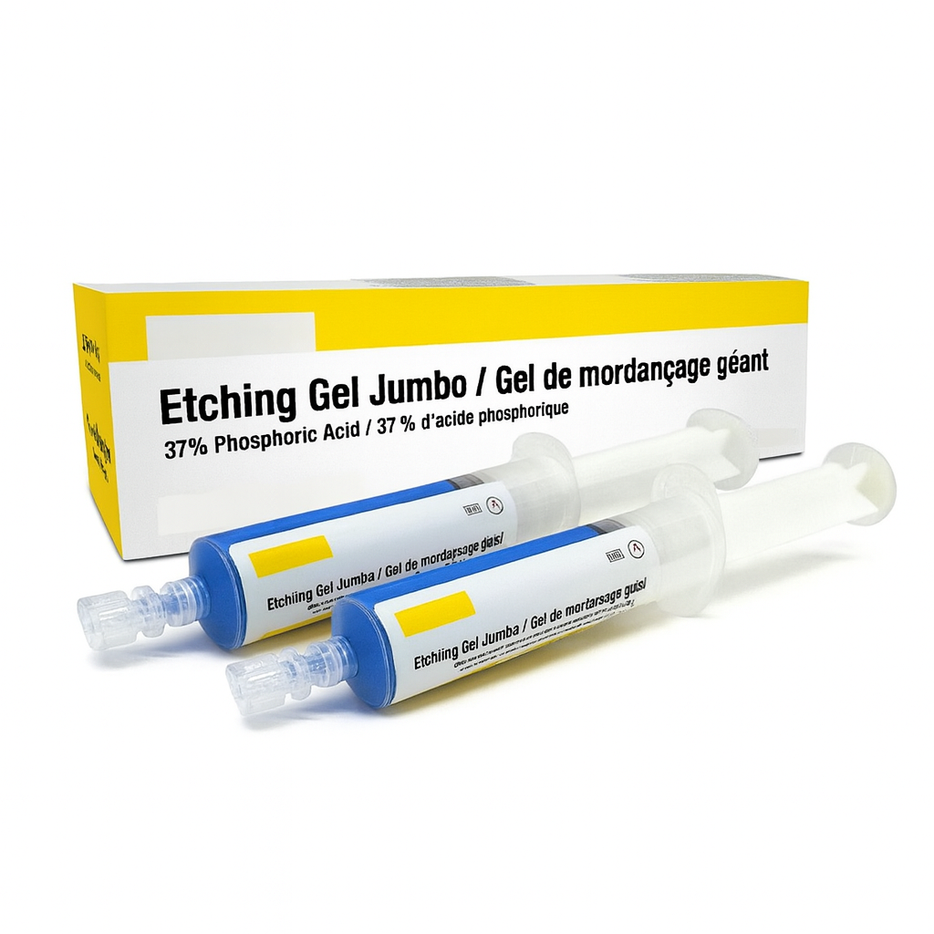 A digital photograph showcases unbranded dental etching gel syringes with a box in the background, featuring a yellow and white color scheme, used for enamel and dentin preparation.