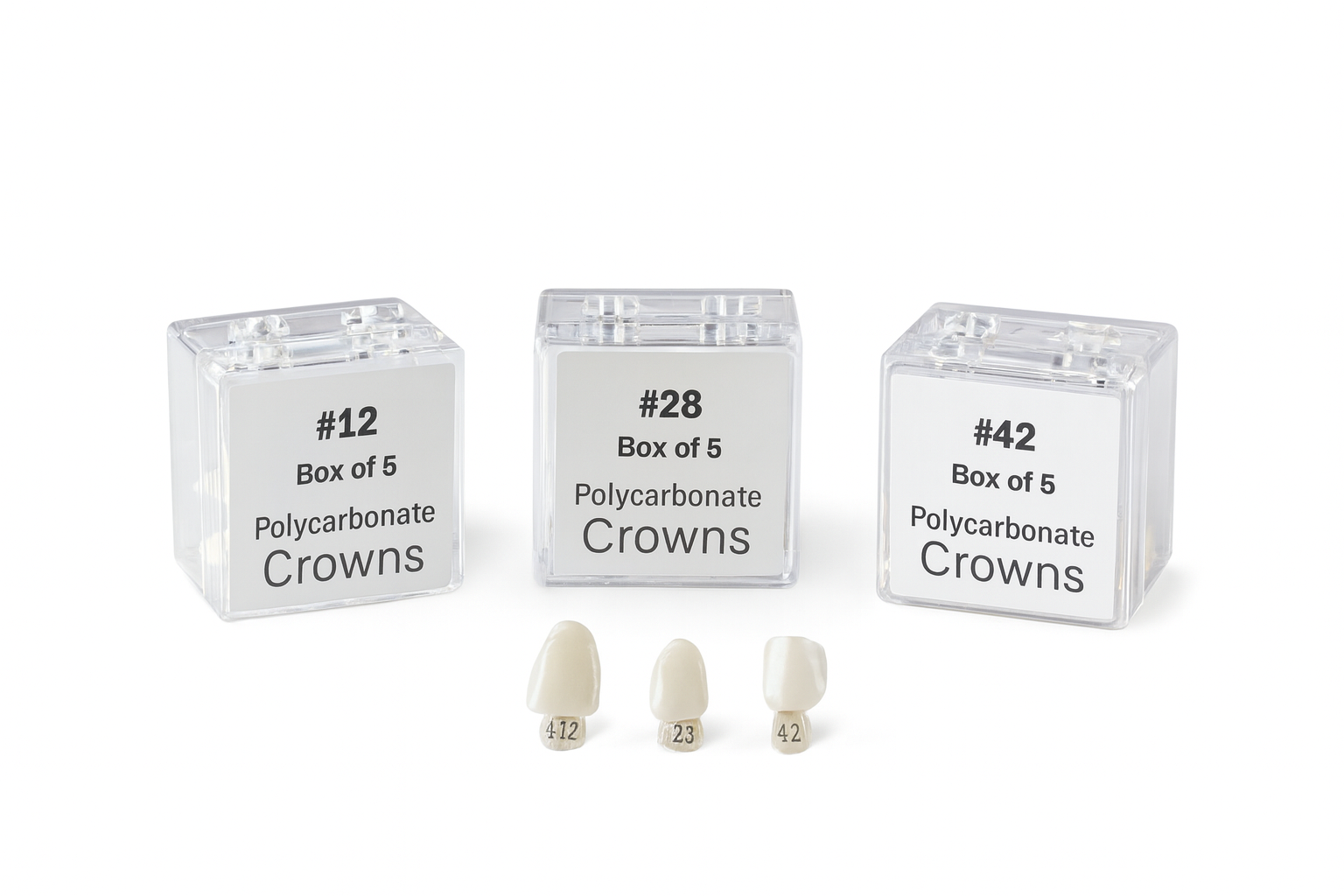 A digital photograph displays three transparent plastic boxes labeled Polycarbonate Crowns, each accompanied by a visible crown model in front on a white background.