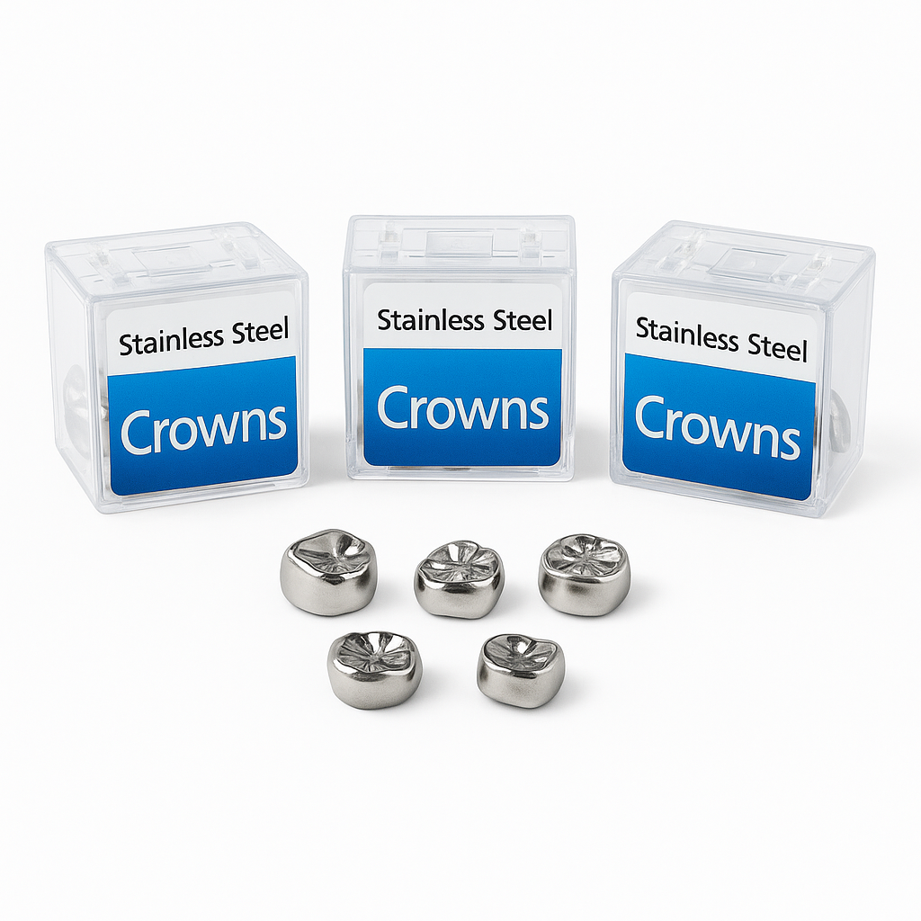 A digital photograph features stainless steel dental crowns arranged in front of three transparent storage boxes, displayed on a white background.