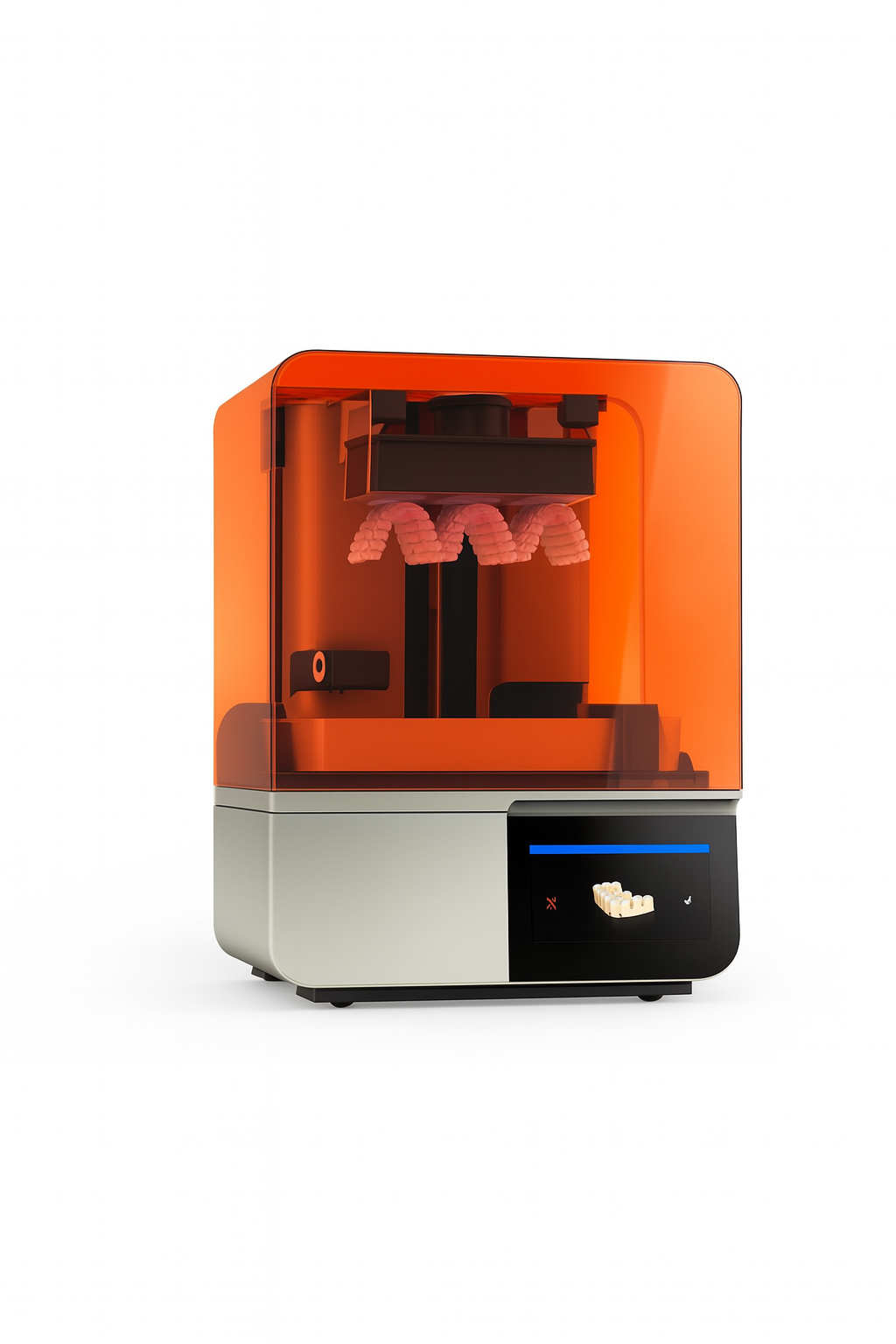 Modern dental 3D resin printer with orange cover printing multiple dental arches, used for digital dentistry and orthodontic models