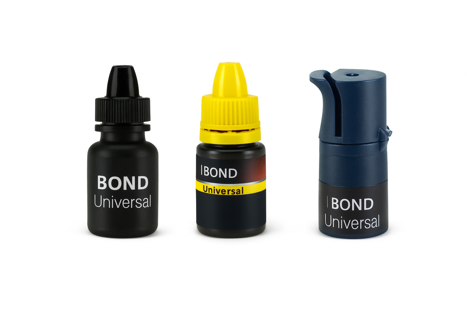 Three dental bonding agent bottles in different shapes and colors for adhesive bonding in restorative and cosmetic procedures