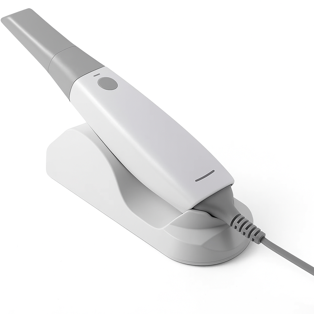 Modern white intraoral scanner with charging base for CAD/CAM dental digital impressions and restorative workflows