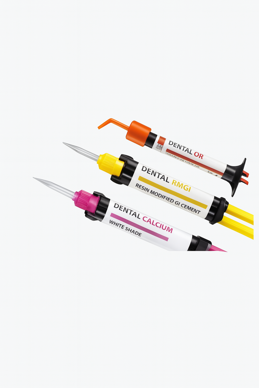 Three dental cement and liner syringes including resin-modified glass ionomer, calcium hydroxide liner, and universal adhesive cement for restorative procedures Ask ChatGPT