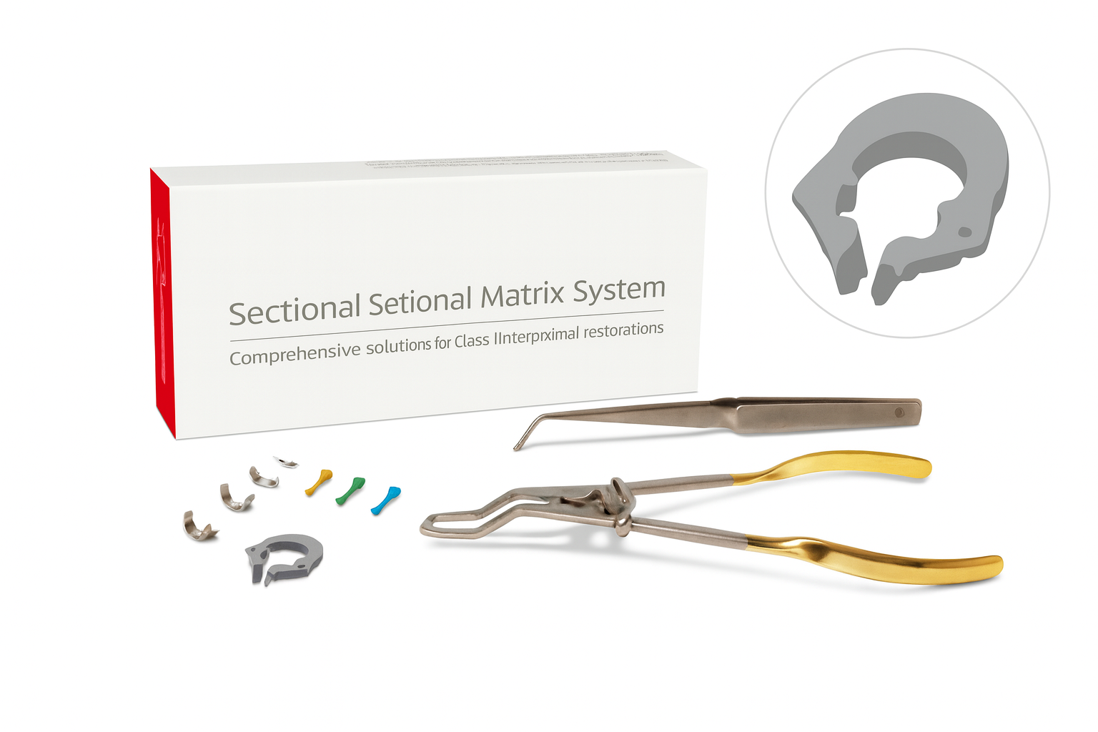 Dental composite instrument kit with sectional matrix rings, forceps, and assorted wedges for precise Class II restorative procedures