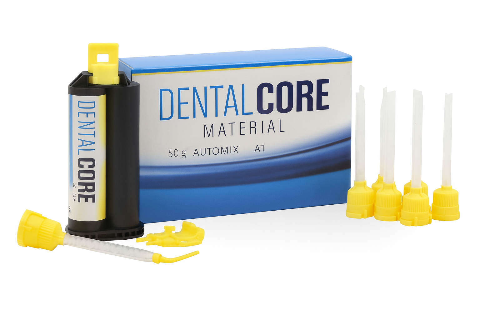 Dental core build-up material syringe with yellow mixing tips and dispensing accessories for crown foundation restorations