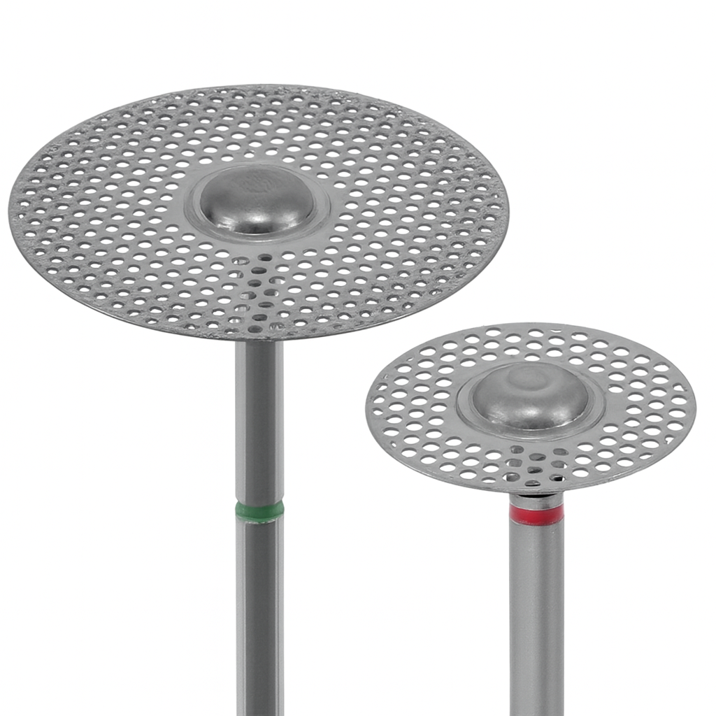 Two perforated dental diamond discs with color-coded shanks for cutting, contouring, and interproximal reduction