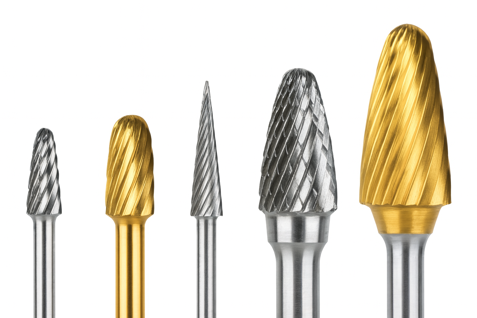 Set of five dental laboratory carbide burs in gold and silver finishes with various shapes for grinding, shaping, and adjusting dental materials