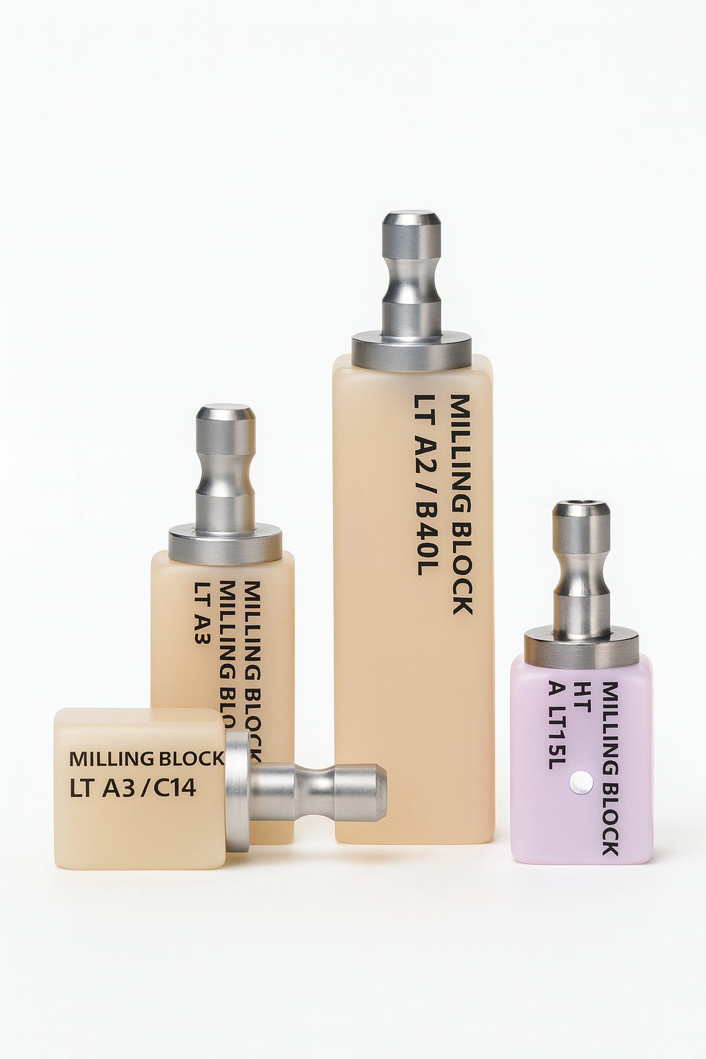 Assorted dental milling blocks in various shades and sizes with metal mandrels for CAD/CAM crown and bridge restorations