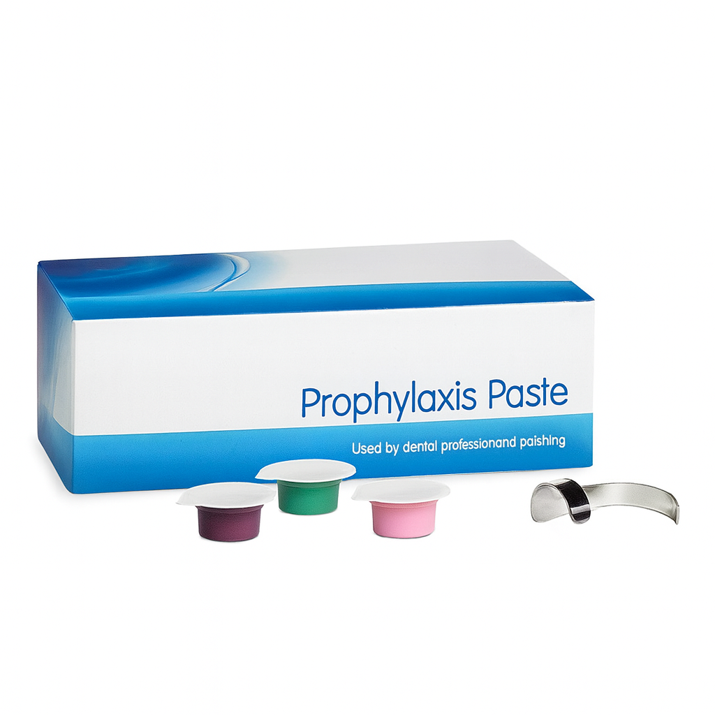 Dental prophy paste kit with assorted colored single-use cups and fluoride polishing paste for professional teeth cleaning and enamel care