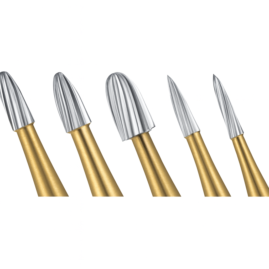 Set of five dental trimming and finishing burs with gold shanks and fluted carbide heads for polishing and contouring composite restorations
