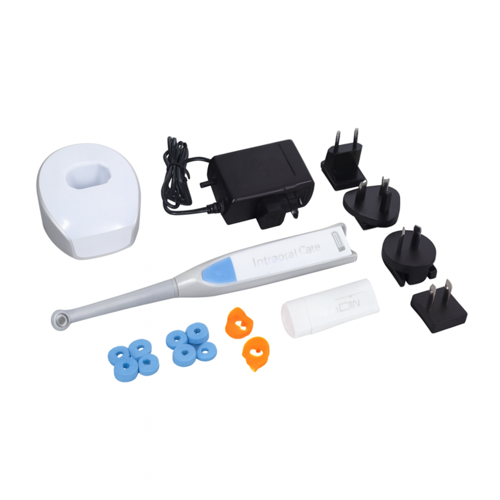 A digital photograph displays an intraoral dental camera kit with accessories on a white background, including plug adapters, disposable sleeves, and a charging base.