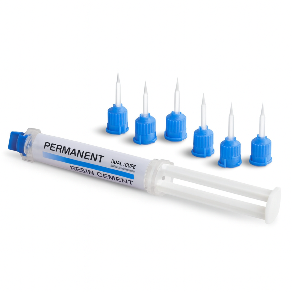 Permanent dental resin cement syringe with six blue mixing applicator tips for crown and bridge luting procedures