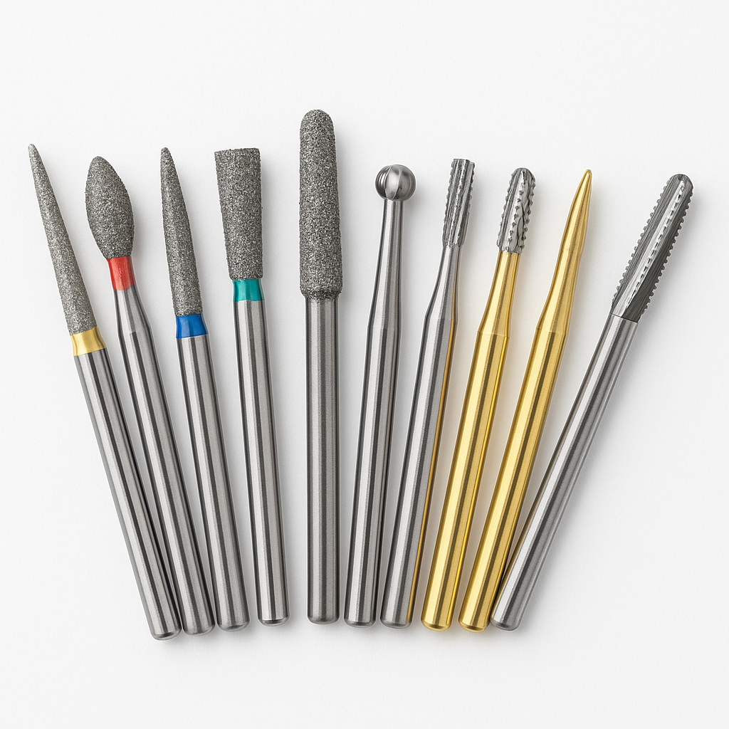 Rotary dental burs and carbide diamond bits for cutting, shaping, and polishing dental materials