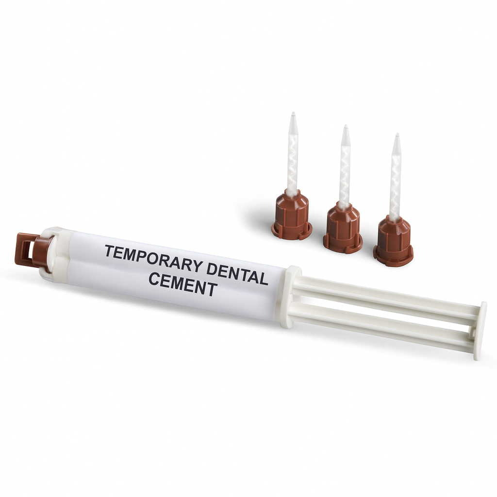 Dual-barrel syringe of temporary dental cement with three brown mixing tips for provisional crown and bridge placement Ask ChatGPT