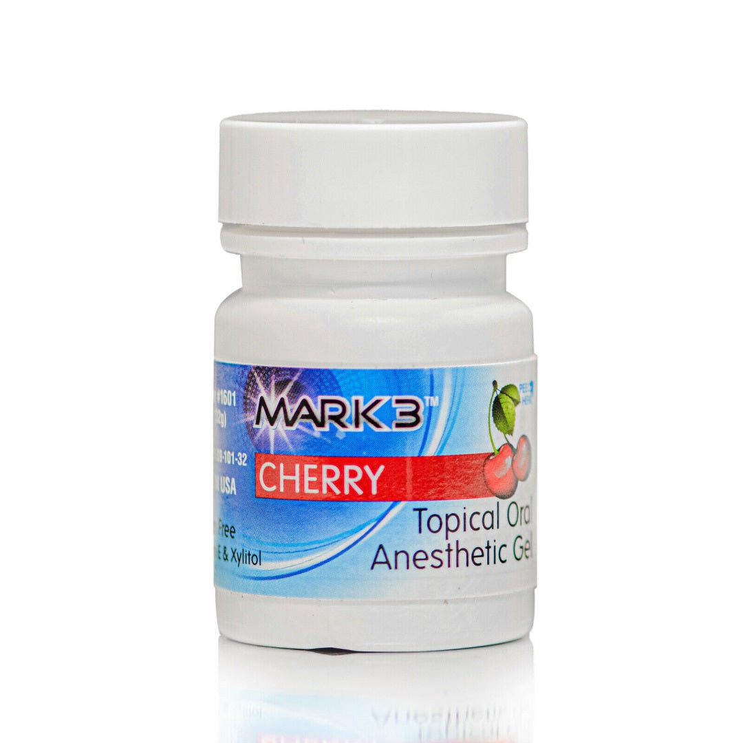 MARK3 Topical Anesthetic Gel with Benzocaine 20% Cherry Flavored 1oz Jar 1601 for fast pain relief during dental procedures. Contains 20% benzocaine, cherry flavor, 1oz jar. Ideal for local anesthesia, scaling, and mouth irritations.