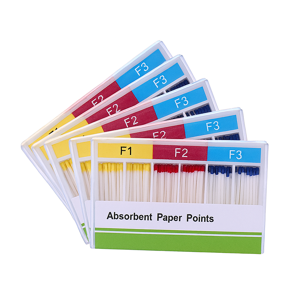 A digital photograph displays five transparent plastic cases containing assorted color-coded dental absorbent paper points in sizes F1, F2, and F3.