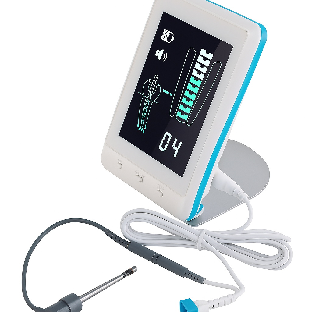 A digital photograph displays a modern apex locator dental device with a screen, probe, and white coiled cord, used for endodontic procedures.