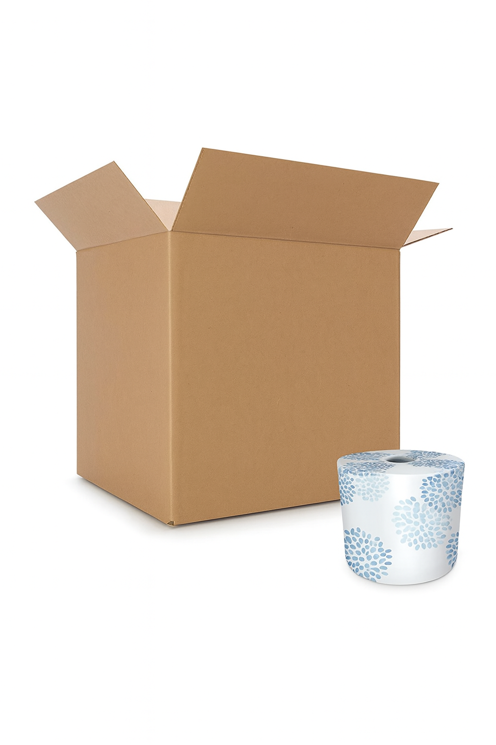 A digital photograph features an open brown corrugated box labeled “Professional Standard Roll Bathroom Tissue” with a single white toilet paper roll placed in front of it.