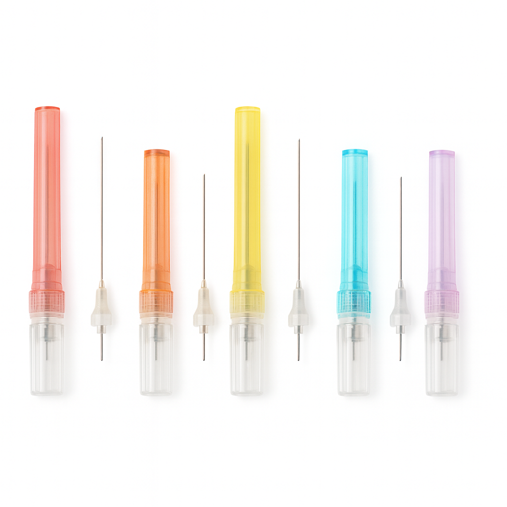 Dental needles with color-coded hubs and anesthetic syringe