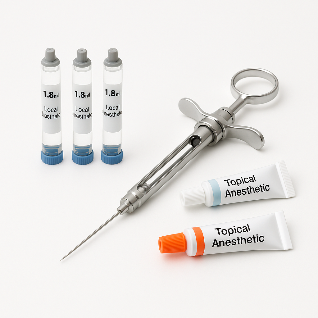 Dental anesthetic cartridges, syringe, and topical gels for pain management