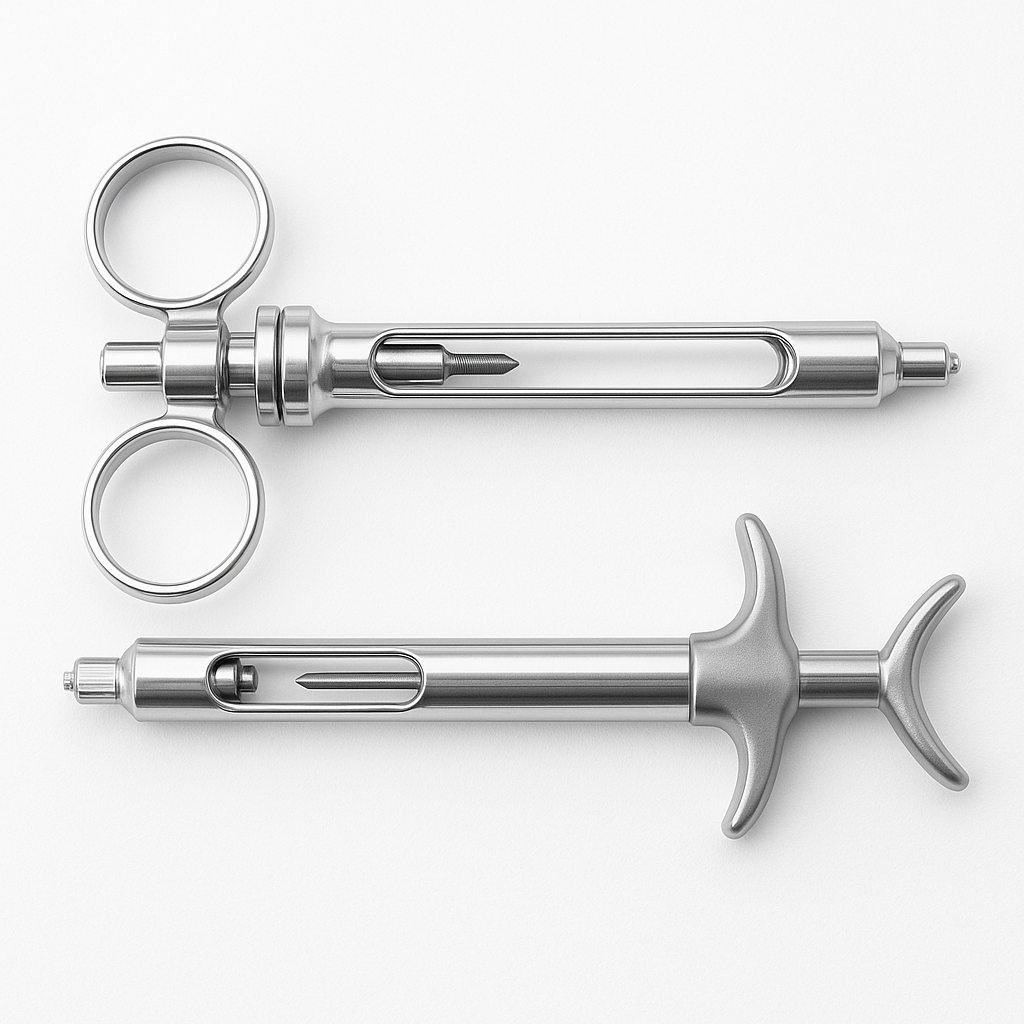 Stainless steel aspirating syringes with dental anesthetic cartridges
