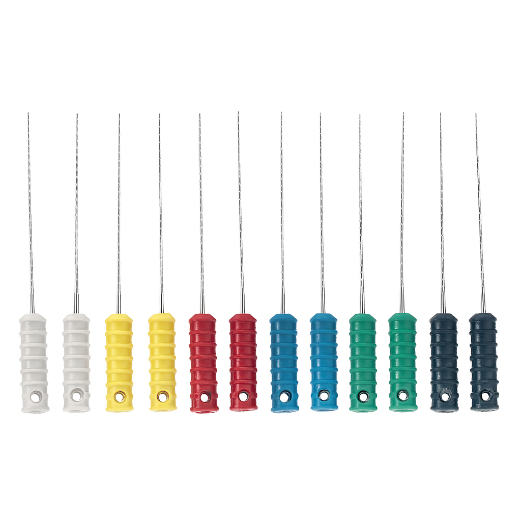 A digital photograph displays twelve barbed dental broaches with silver shafts and colorful ribbed handles, arranged in a row on a white background.