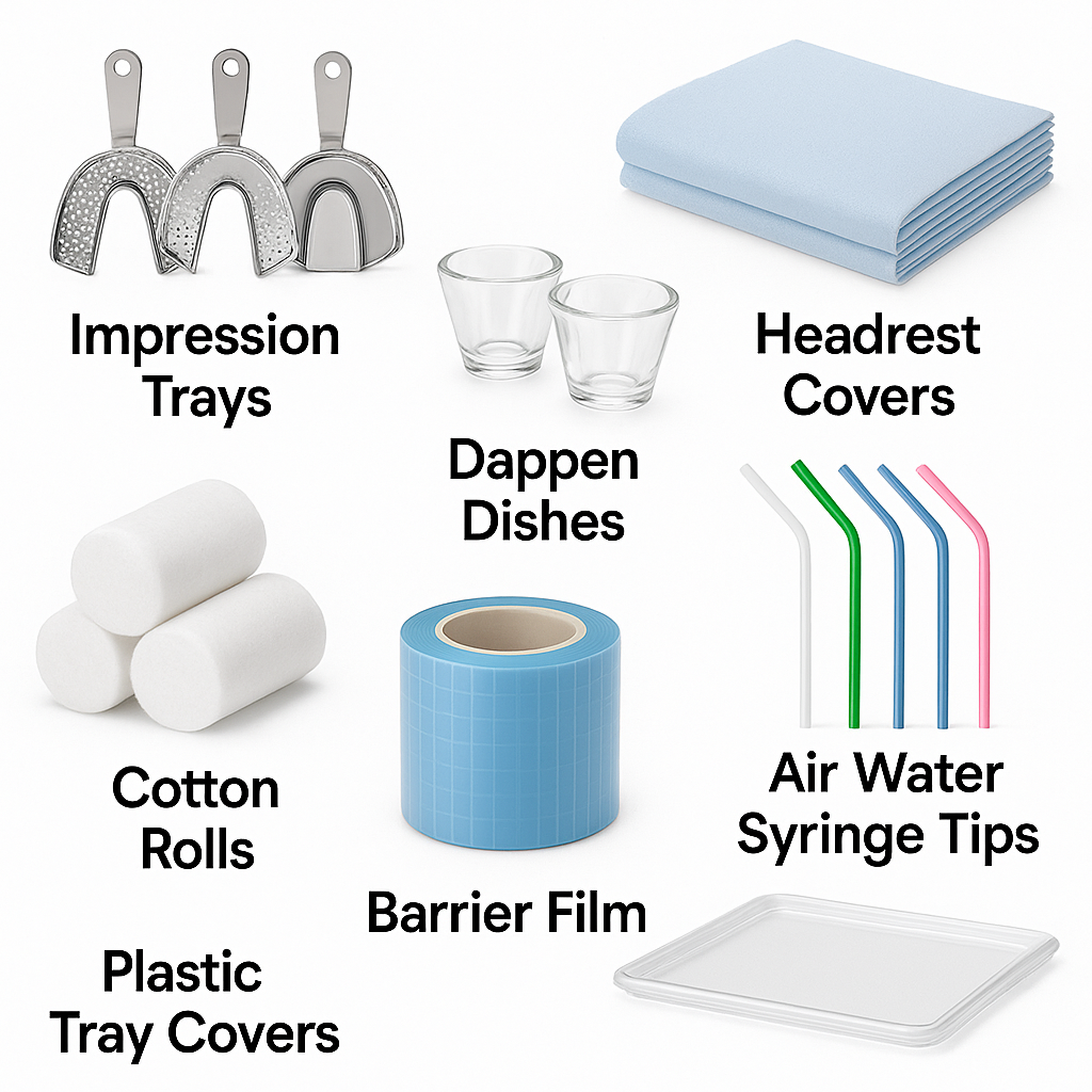 A digital photograph displays an assortment of dental disposable products including bibs, masks, trays, cups, mixing pads, and barrier films, arranged on a white background.