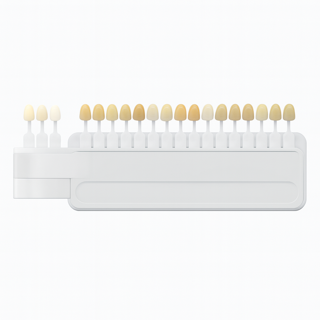 dental shade guide with 16 tooth-shaped tabs arranged in varying shades from light to dark on a clean white plastic base.