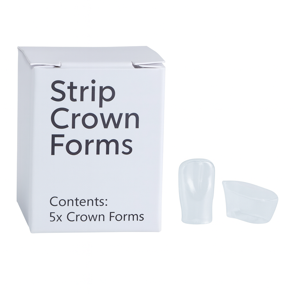 A digital photograph displays a white box labeled "Crown Forms" alongside two clear plastic dental strip crown forms used for temporary restorations in pediatric dentistry.