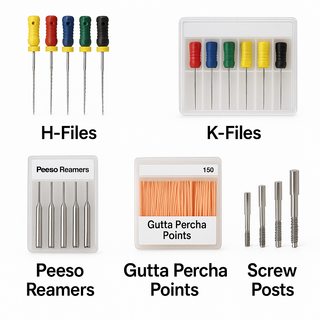 A high-resolution image showing six assorted endodontic dental instruments and accessories, including files, handpieces, and syringes, displayed on a white background with no visible branding.