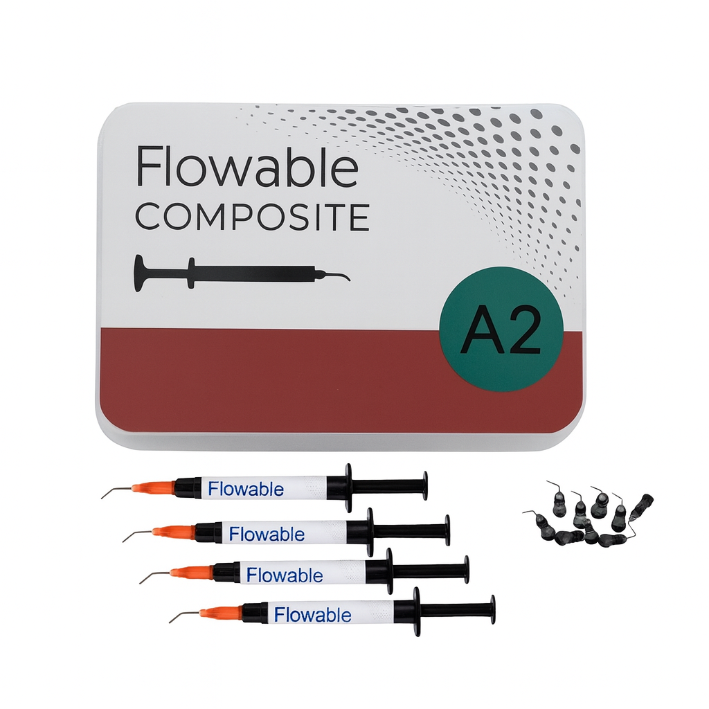 flowable composite dental material showing a labeled kit box, four syringes with orange tips, and applicator tips, all displayed on a white background.