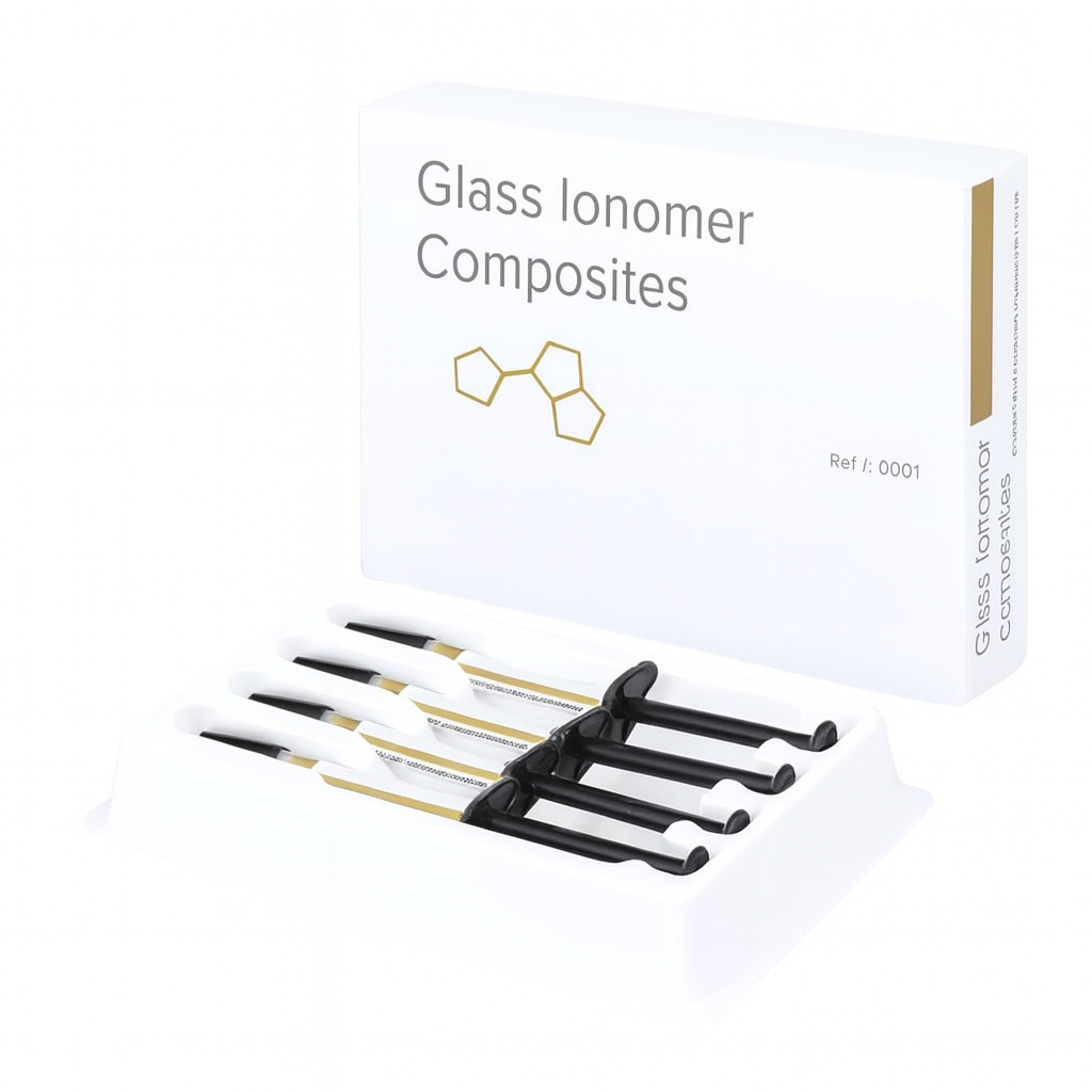 Glass Ionomer Composites kit with four black syringes arranged in a white tray and labeled packaging in the background