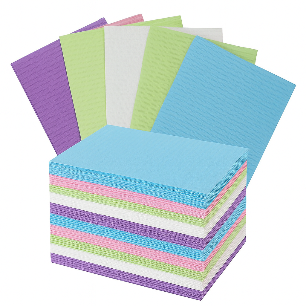 A photograph presents patient bibs stacked in a neat pile with additional bibs fanned out above, showcasing various pastel colors including blue, pink, green, white, and purple.