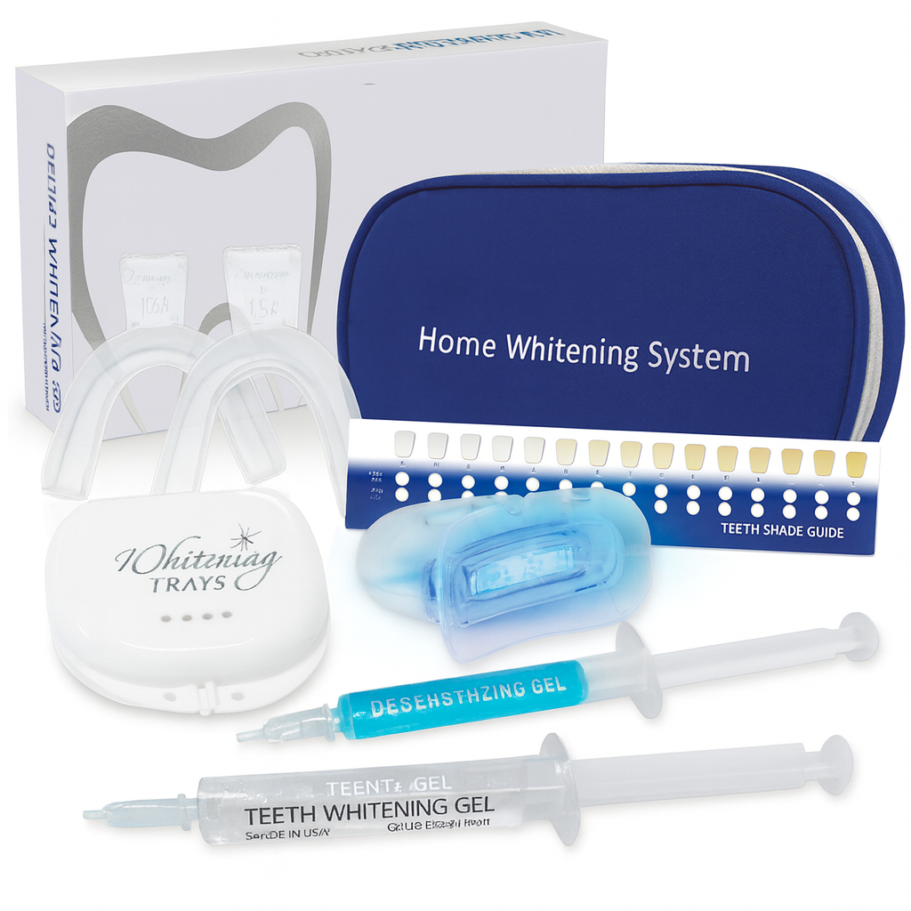 A digital photograph displays a complete tooth whitening kit including whitening trays, syringes of whitening and desensitizing gel, LED light, shade guide, and a zippered storage pouch against a clean white background.