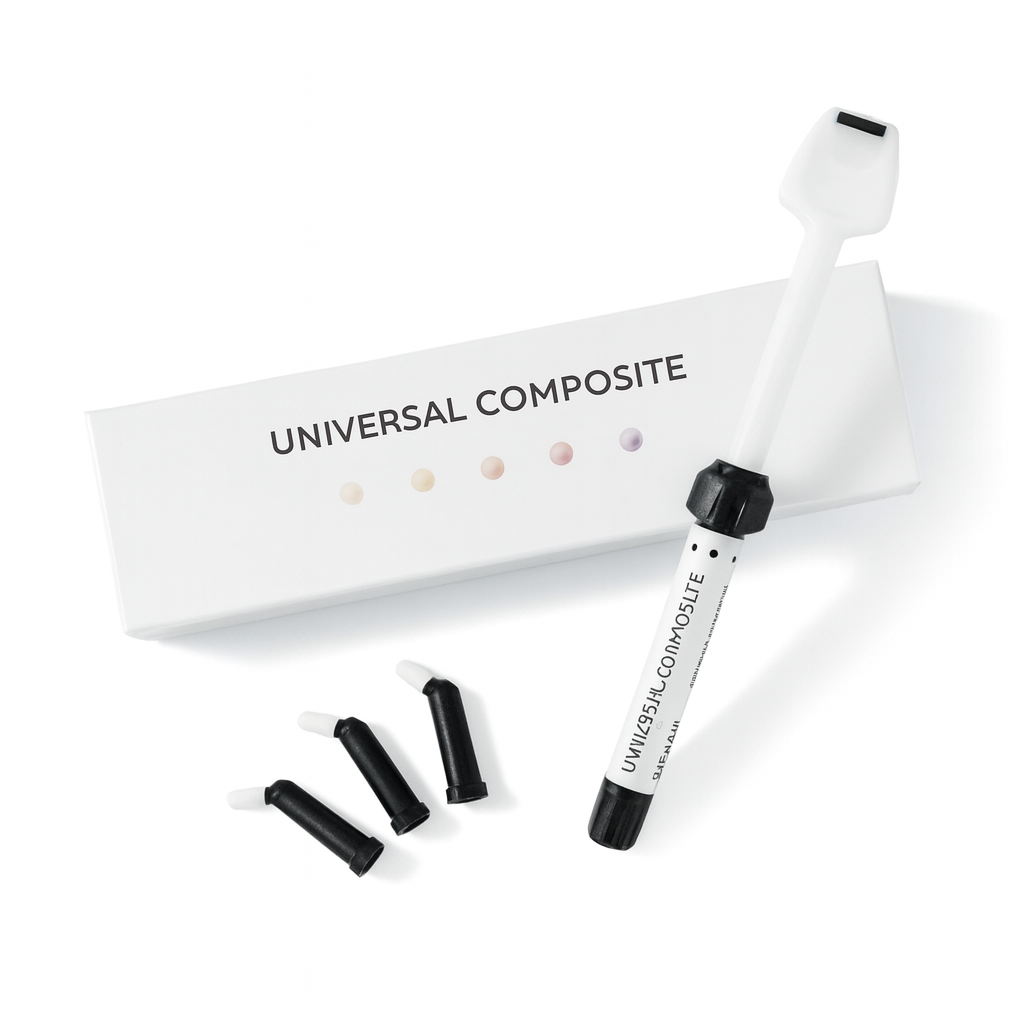 dental universal composite syringe with three applicator tips and a white background, showcasing a restorative material used for various cavity classes in dental procedures.