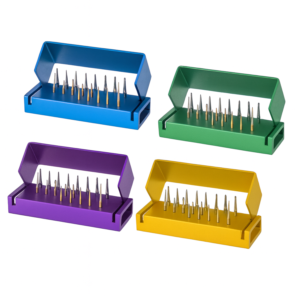 Set of colorful aluminum dental bur blocks with 10-slot holders for organizing rotary burs in blue, green, purple, and yellow