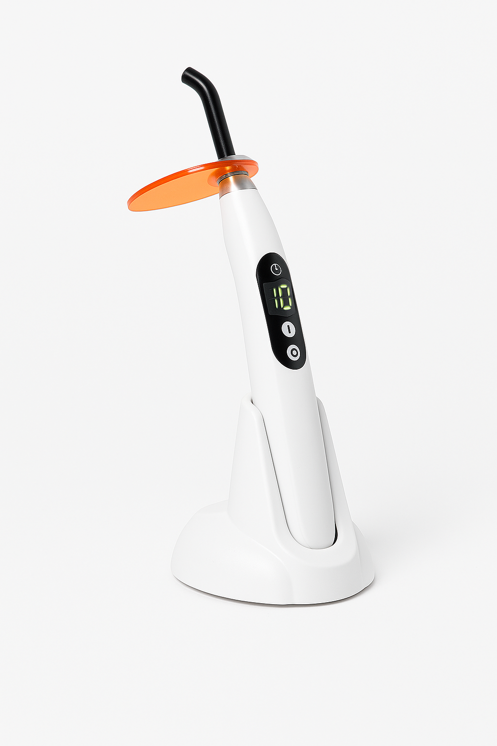 A digital photograph showcases a cordless dental curing light with an LED display and orange shield on a white background