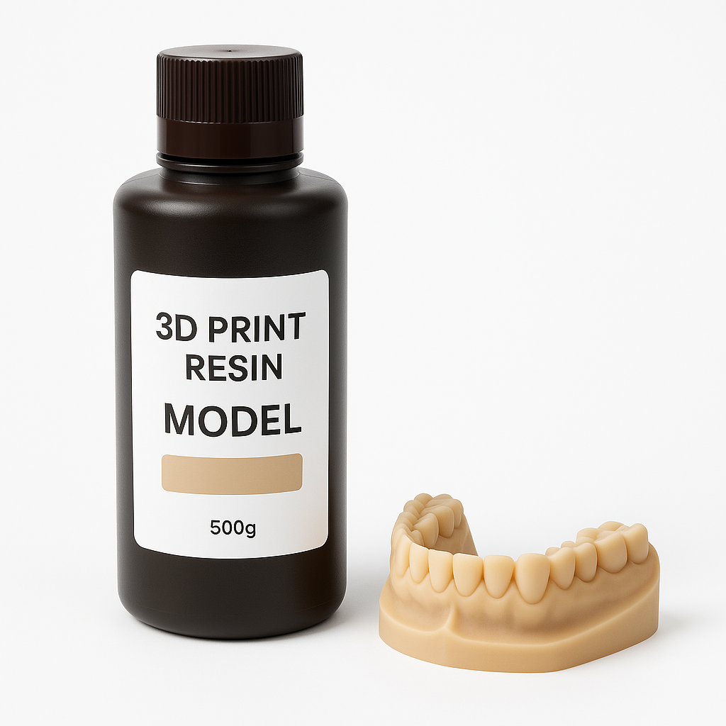 3D print resin bottle and beige dental model for crown, bridge, and orthodontic applications in digital dentistry