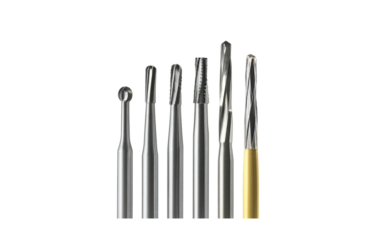 Set of six dental carbide burs in various shapes for cutting, polishing, and cavity preparation with silver and gold shanks
