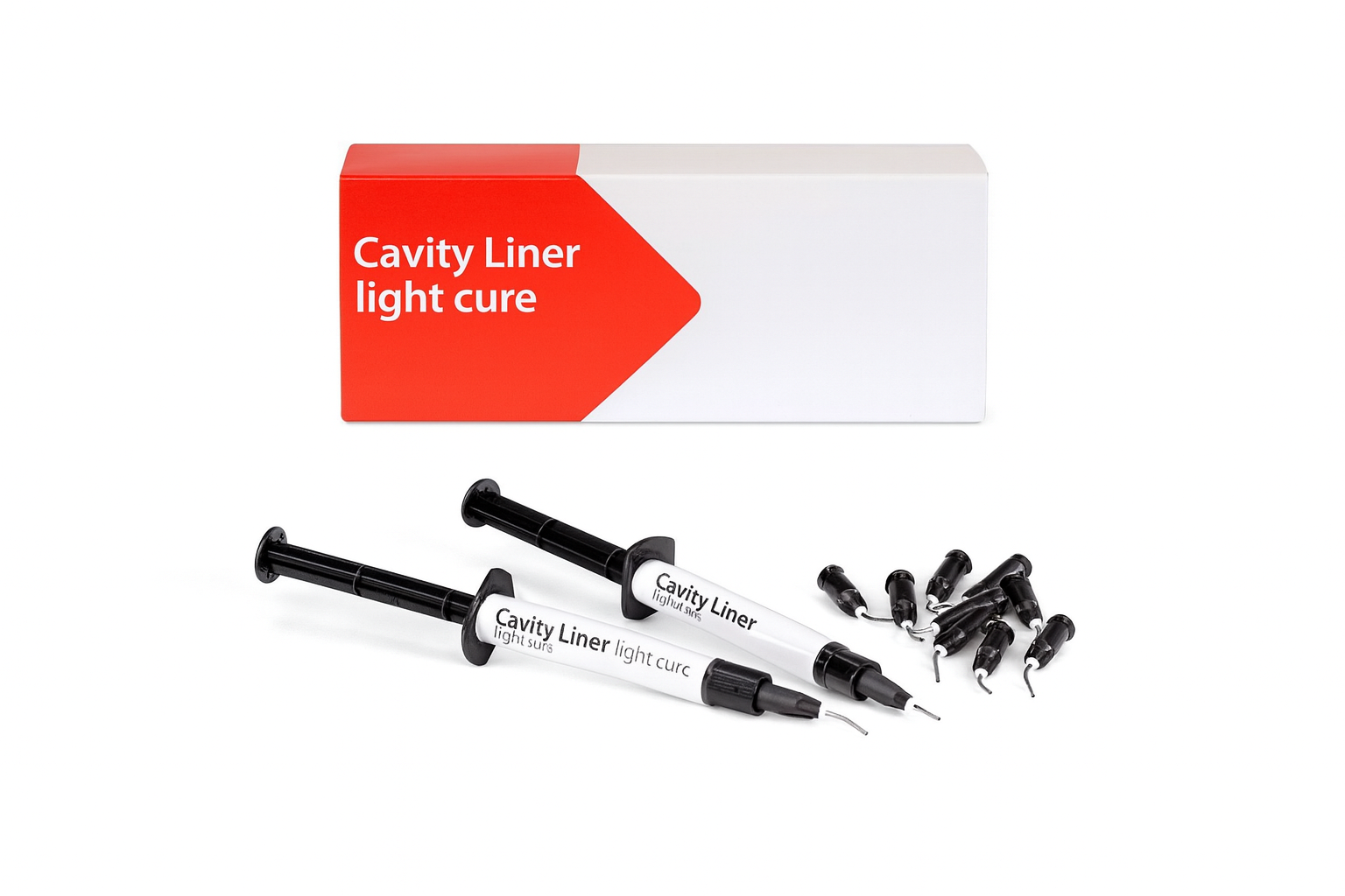 Dental cavity liner light cure kit with two syringes and multiple black applicator tips for base protection in restorative procedures