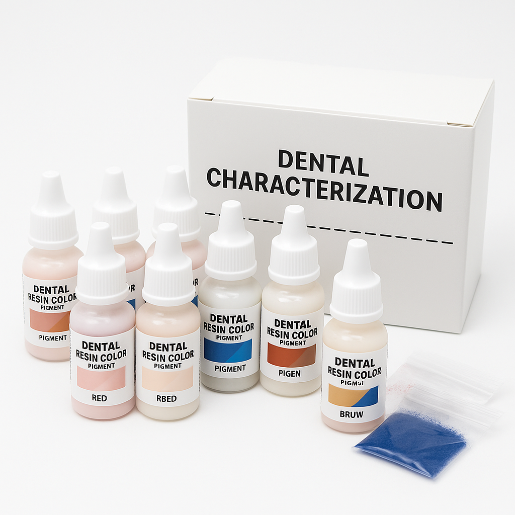 Dental characterization kit with multiple resin color pigment bottles and powdered stains for custom shading in prosthetics and gingival detailing      Ask ChatGPT