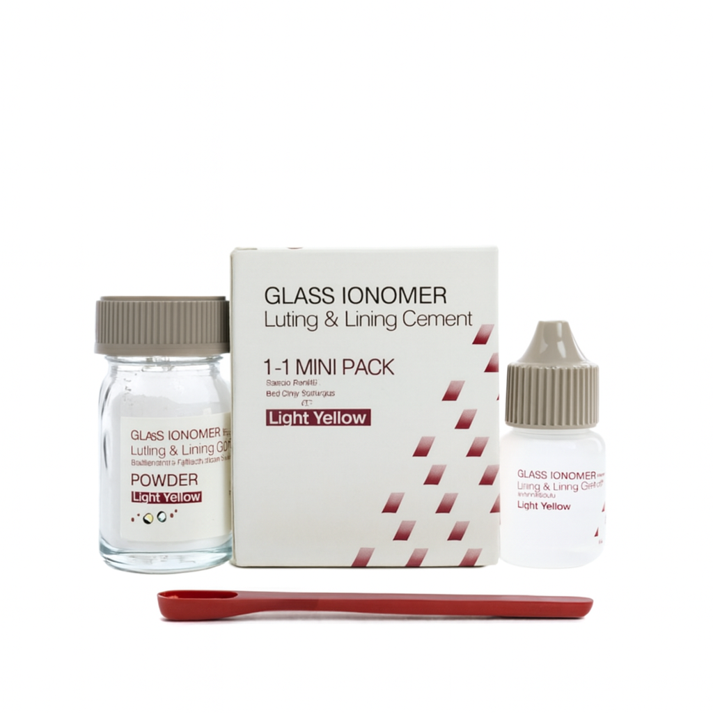Dental glass ionomer cement kit with powder jar, liquid bottle, mixing spatula, and labeled box for luting and lining procedures