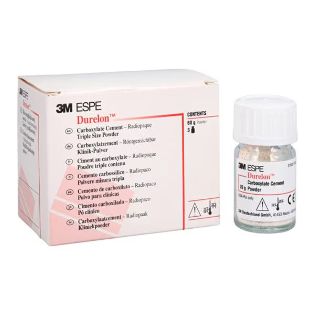 3M ESPE Durelon Carboxylate Luting Cement Triple Size Powder Regular Set 38236: Radiopaque dental luting cement for crowns, bridges, and more. Fluoride-releasing, easy hand mixing.