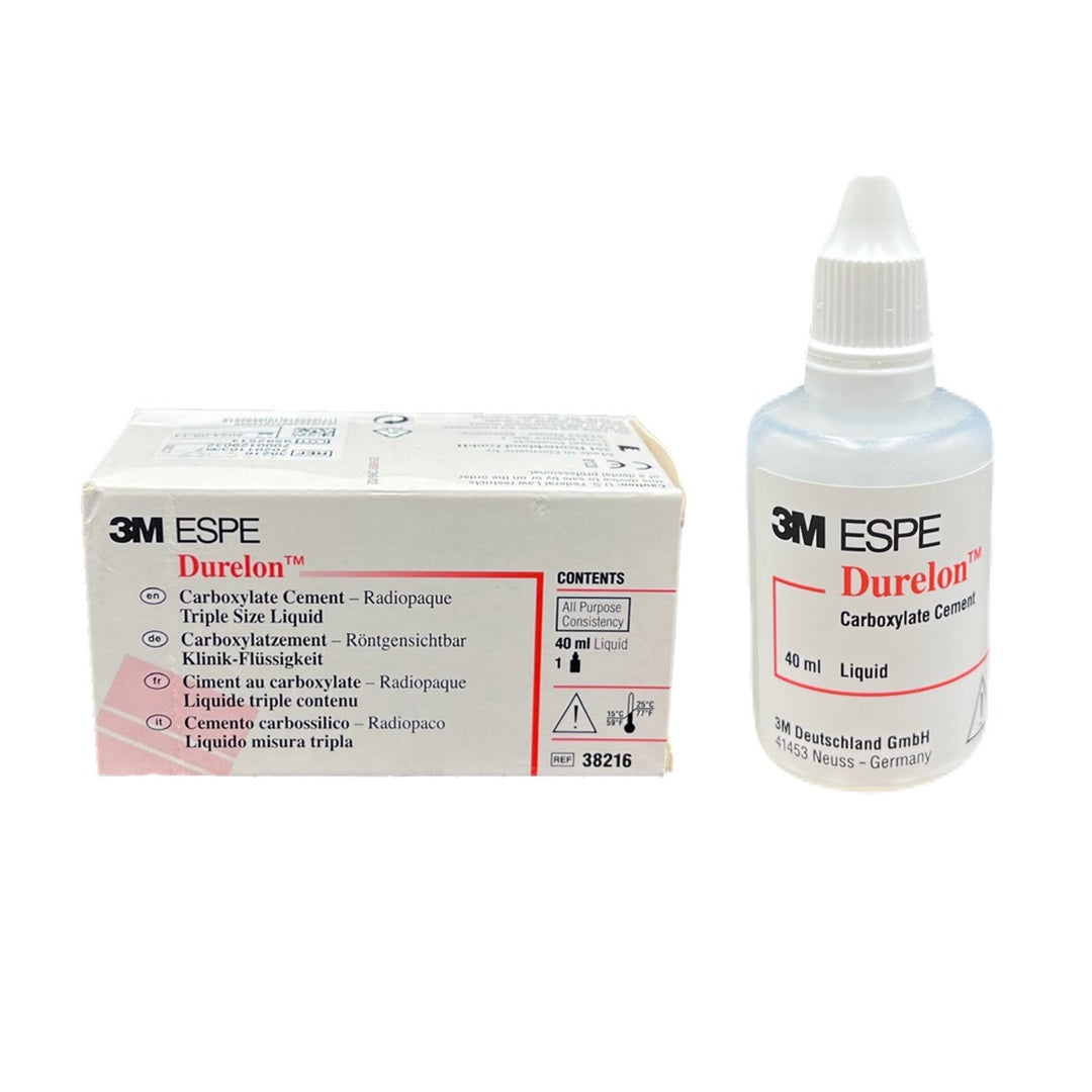  3M ESPE Durelon Triple Liquid Carboxylate Luting Cement 38216. Fluoride-releasing formula for dental health. Ideal for orthodontic bands, restorative liners, and fixed prosthodontic restorations.