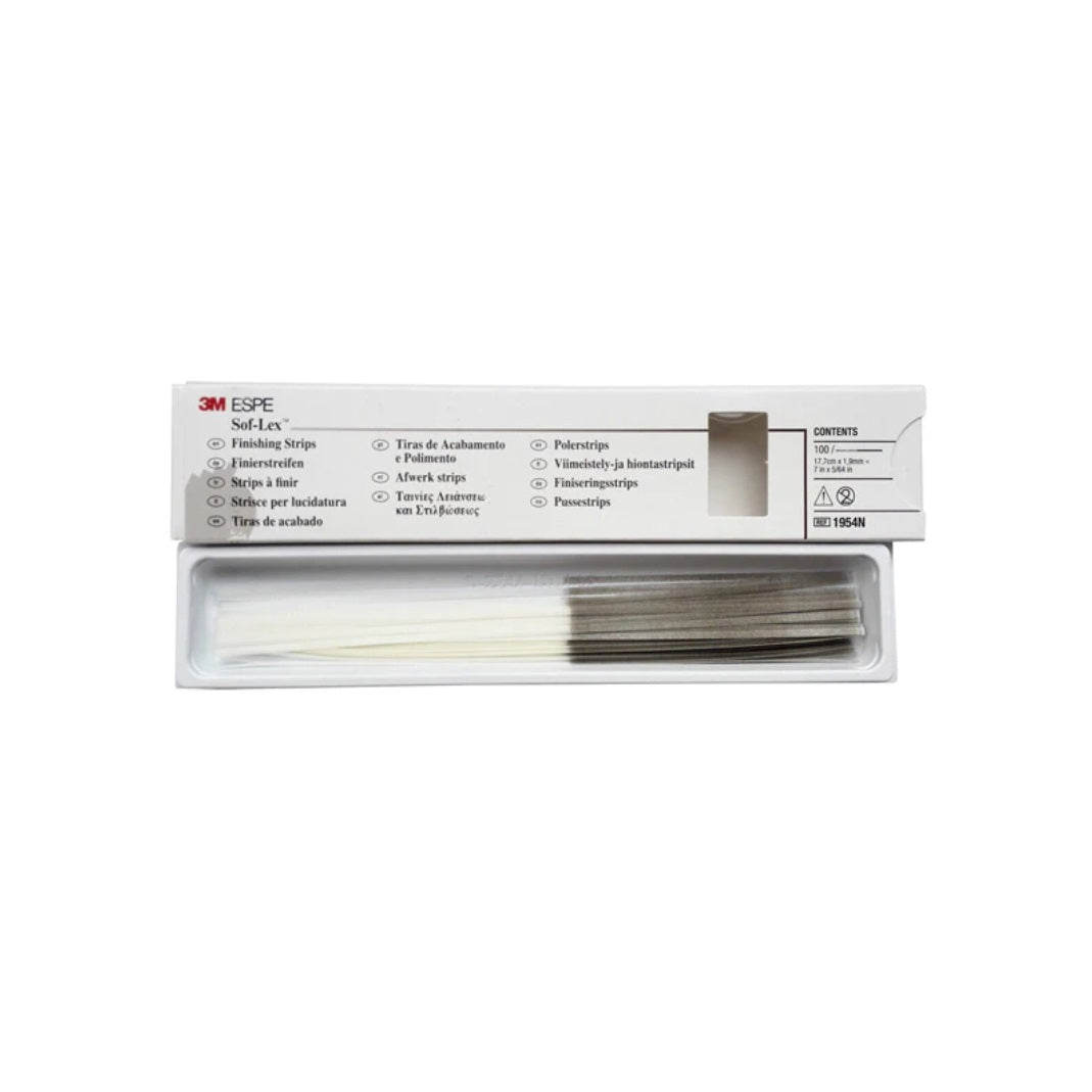 Sof-Lex 1954N Finishing & Polishing Strips: Coarse/Medium Narrow Strips (7" x 5/64") for Efficient Dental Procedures. Gapped design for easy interproximal insertion, precision-coated with aluminum-oxide grit. Pack of 100 for smooth proximal surfaces. Enhance your dental finishing and polishing with 3M ESPE Sof-Lex Strips.