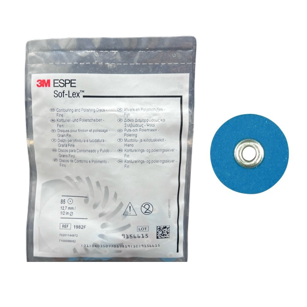 Elevate dental finishing with 3M ESPE Sof-Lex Fine Discs (1982F). 85 Pop-On discs, fine grit for smooth finishes. Crafted with durable urethane-coated paper. Color-coded system for efficient workflow. Trust Sof-Lex Fine Discs for precise and reliable dental finishing.