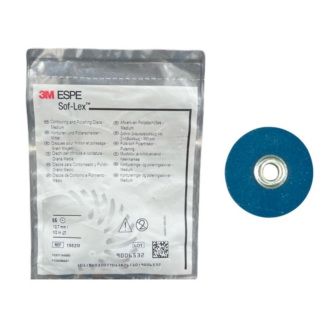 Optimize dental finishing with 3M ESPE Sof-Lex Medium Discs (1982M). 85 Pop-On discs, versatile medium grit, and durable urethane-coated paper for efficient finishes. Color-coded system for efficient workflow. Trust Sof-Lex Medium Discs for precision in dental procedures.