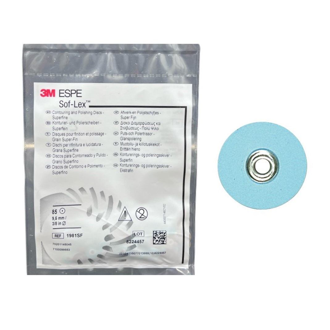 3M ESPE Sof-Lex Superfine Finishing & Polishing Discs (1981SF) - Pack of 85 Pop-On discs with Superfine grit for smooth dental finishes. Urethane-coated paper construction ensures durability. Color-coded system streamlines grit identification. Elevate your dental procedures with precision and efficiency. Ideal for people with visual impairment or low-bandwidth connections seeking top-tier dental finishing and polishing solutions.